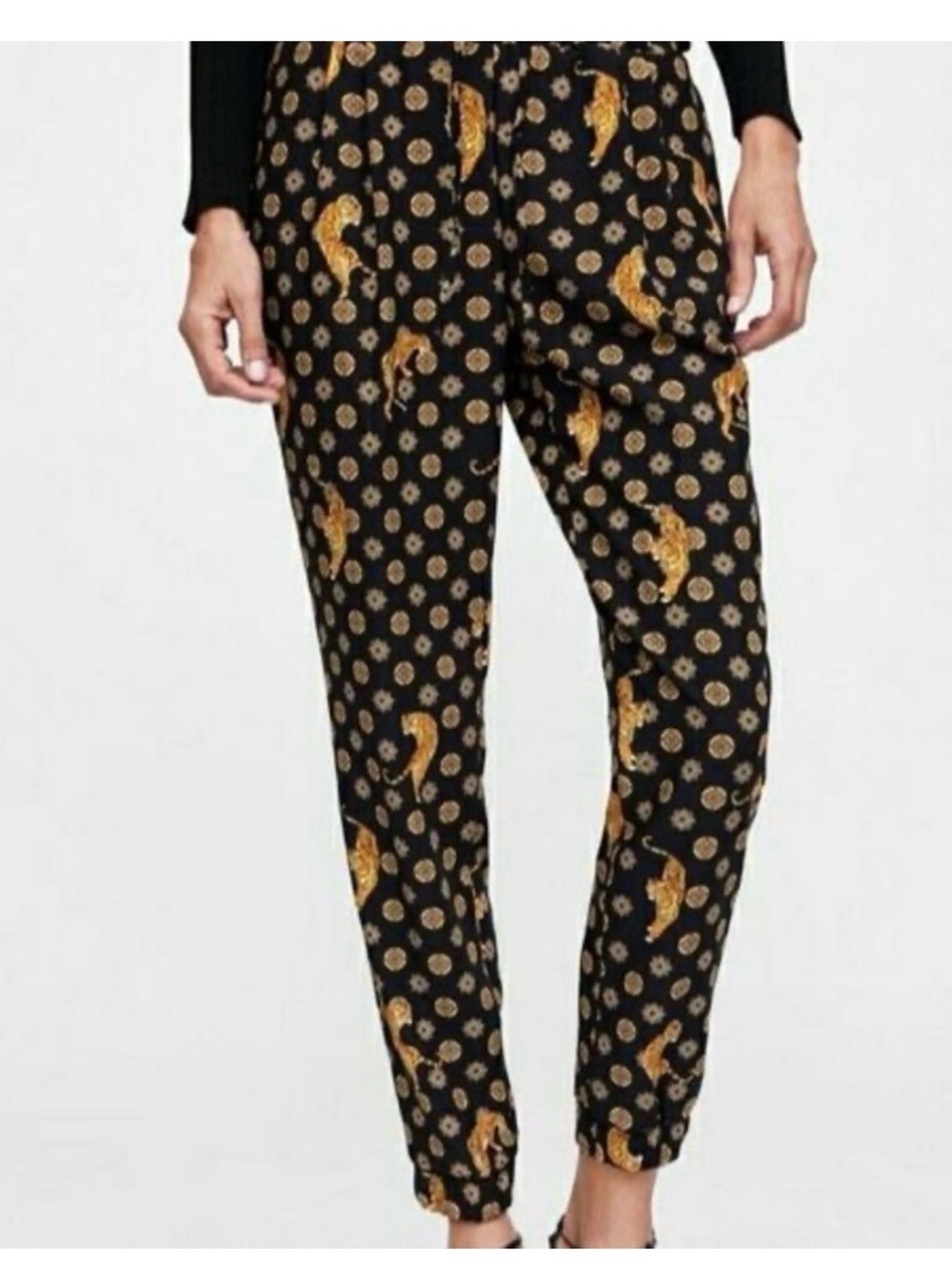 Zara Size M Black Gold Tiger Medallion Asian Inspired Pull On Jogger Style Pants